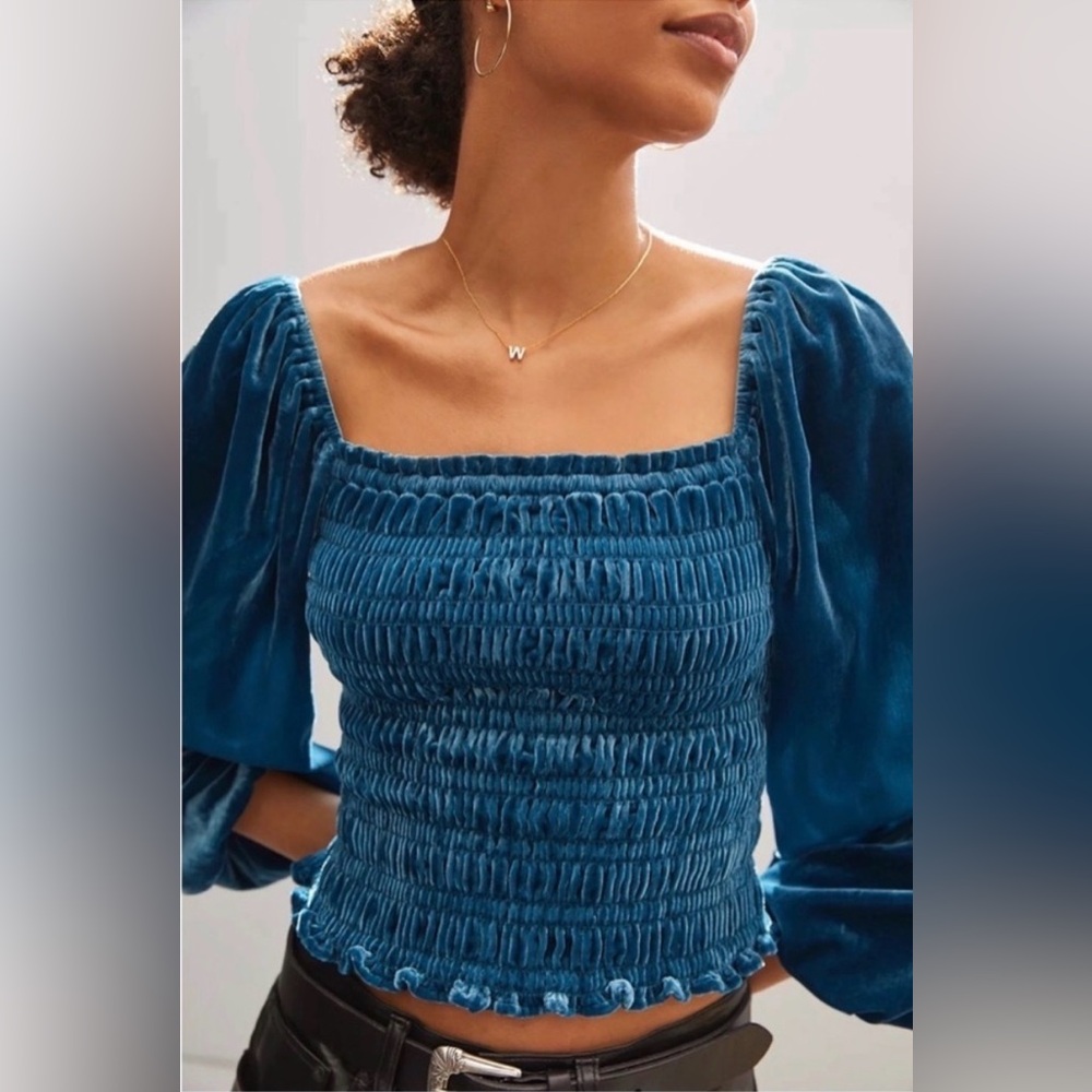 Anthropologie Blue Velvet Blouse Top